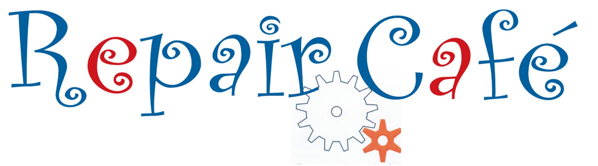 Repair Café-Logo: Zahnrad, Schraubenschlüssel, Schrift ‚Repair Café‘, daneben dampfende Kaffeetasse.