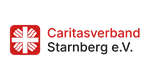 Es wird das Logo mit weißem Flammenkreuz auf rotem Hintergrund gezeigt. Daneben steht Caritasverband Starnberg e. V. 
